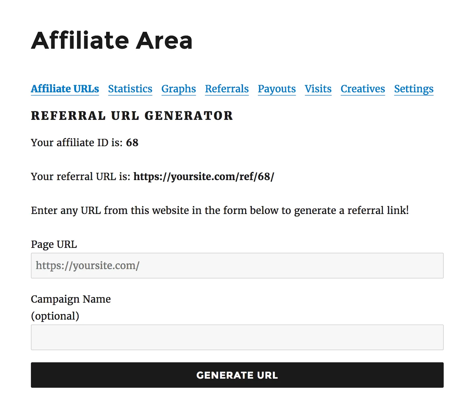 Khu vực quản lý link của chương trình affiliate