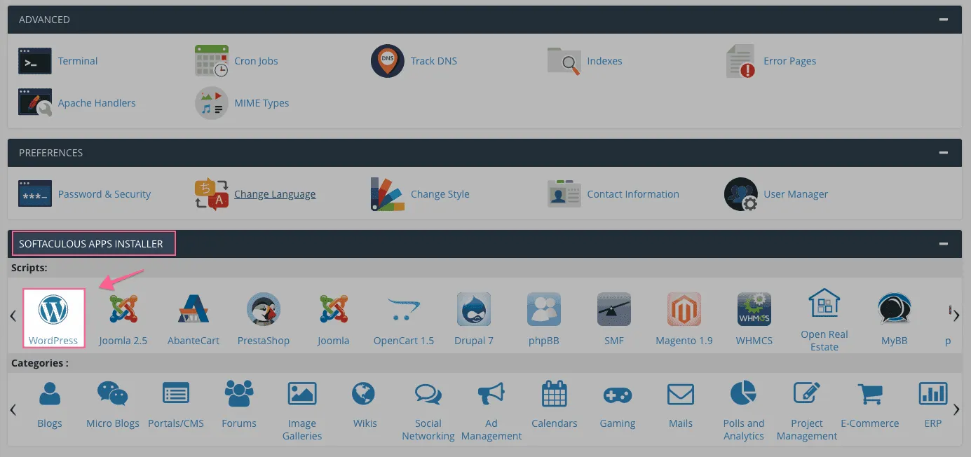 Mở Softaculous Apps Installer trong cPanel