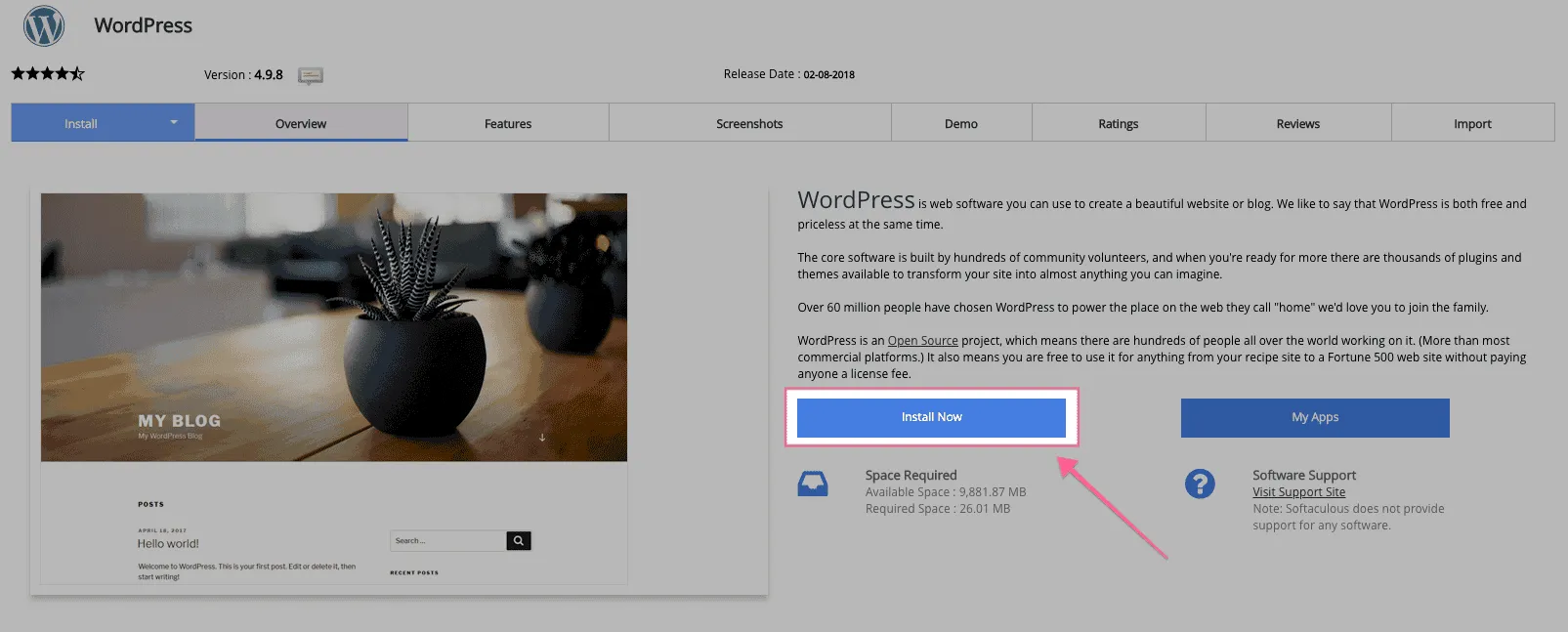 Trang cài đặt WordPress trong Softaculous