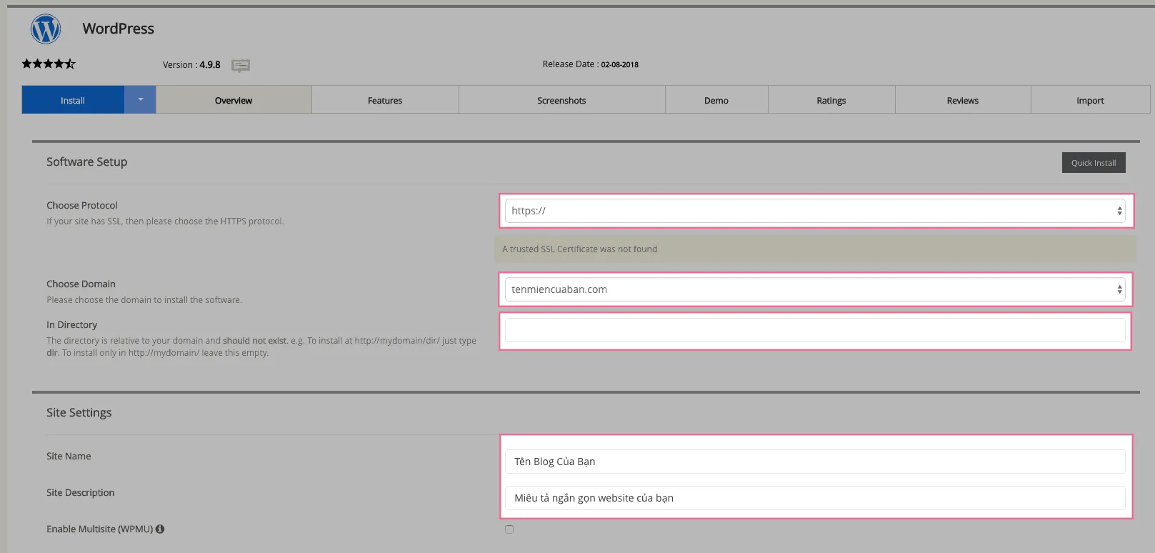 Chọn giao thức https và tên miền khi cài WordPress