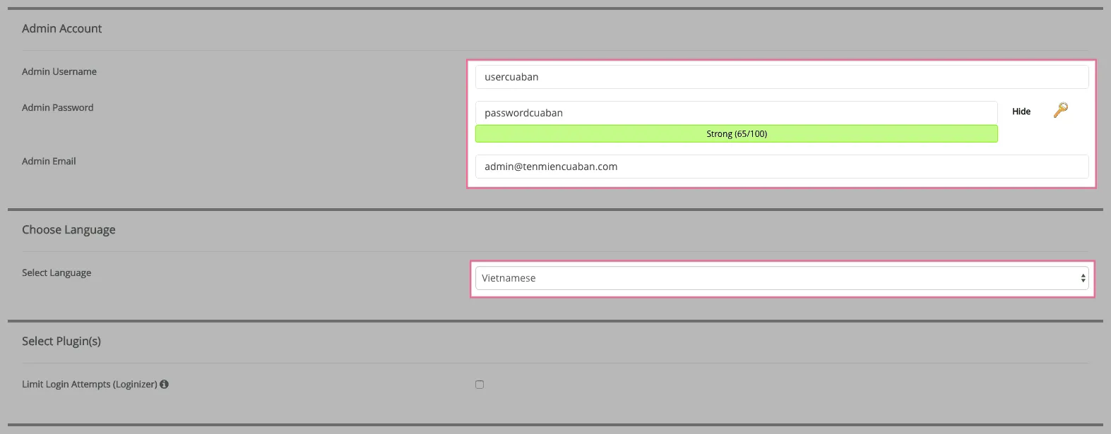 Đặt tài khoản quản trị và ngôn ngữ khi cài WordPress