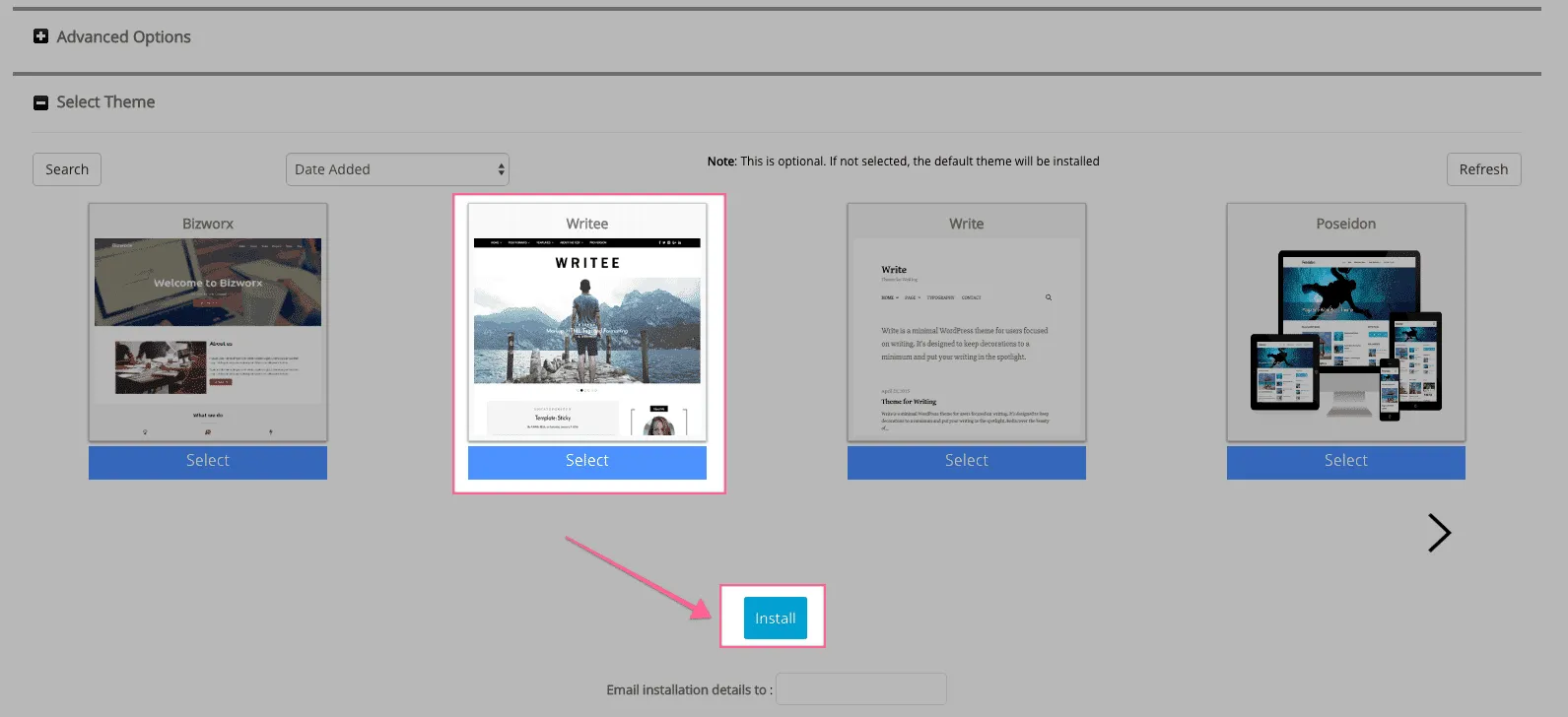 Chọn theme khi cài đặt WordPress bằng Softaculous