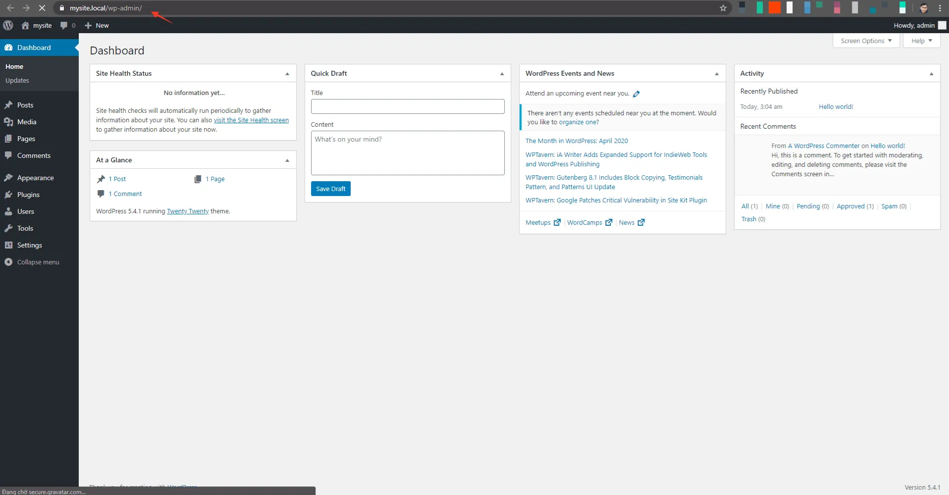 Màn hình quản lý site trong Local Flywheel với nút Admin và Live Link