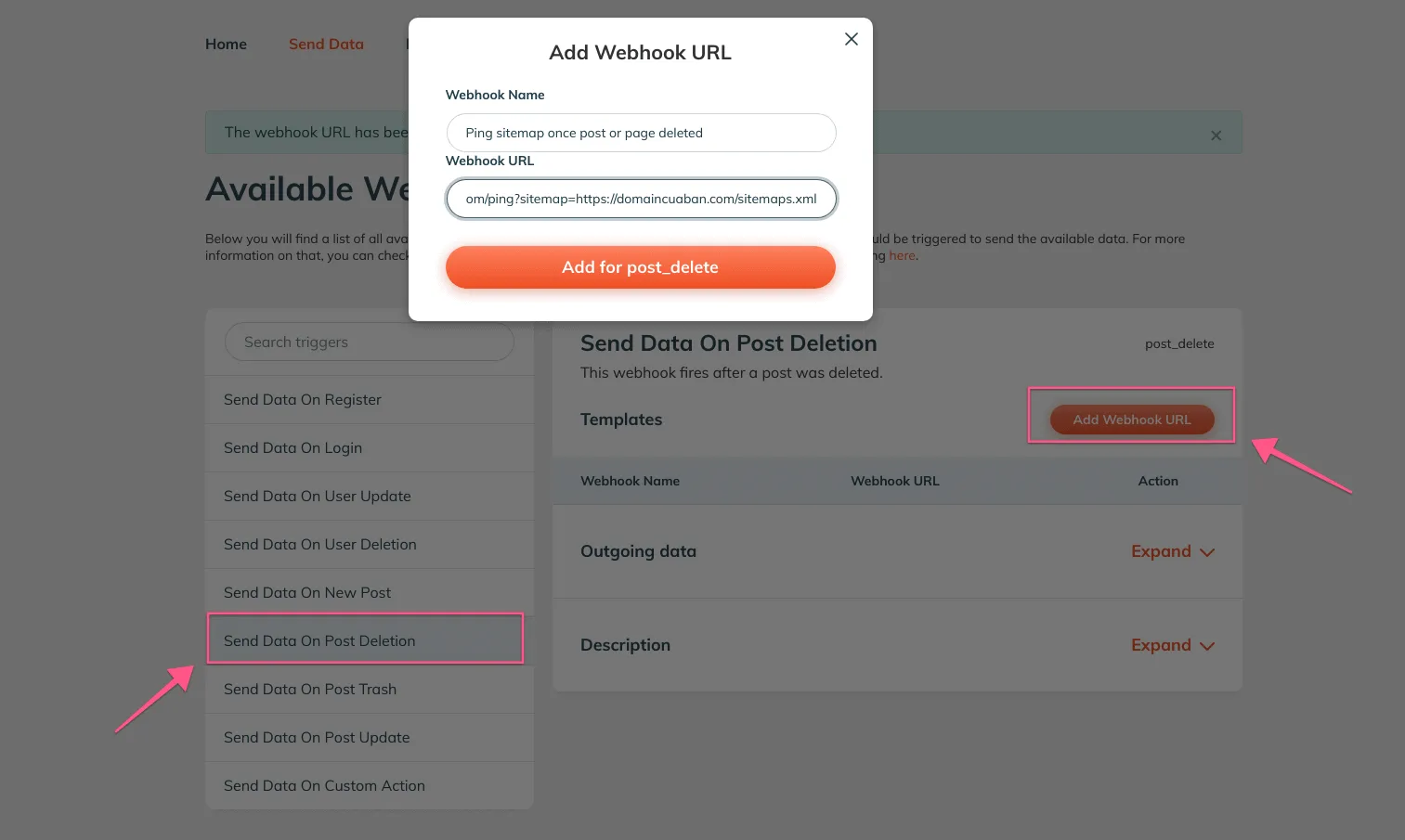 Tạo webhook trigger tương tự cho sự kiện Post Deletion