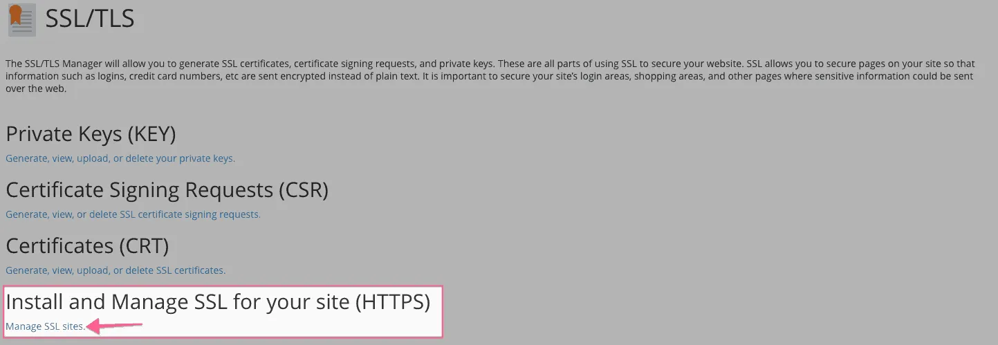 Trang quản lý chứng chỉ SSL trong cPanel