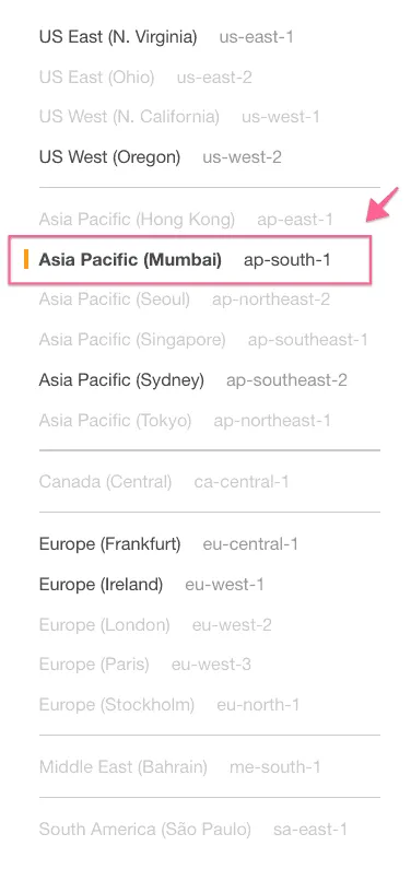 Chọn phân vùng Mumbai trong Amazon SES