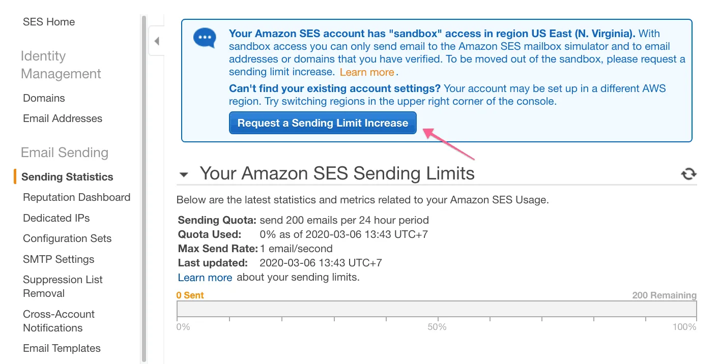 Nút Request a Sending Limit Increase trong Amazon SES