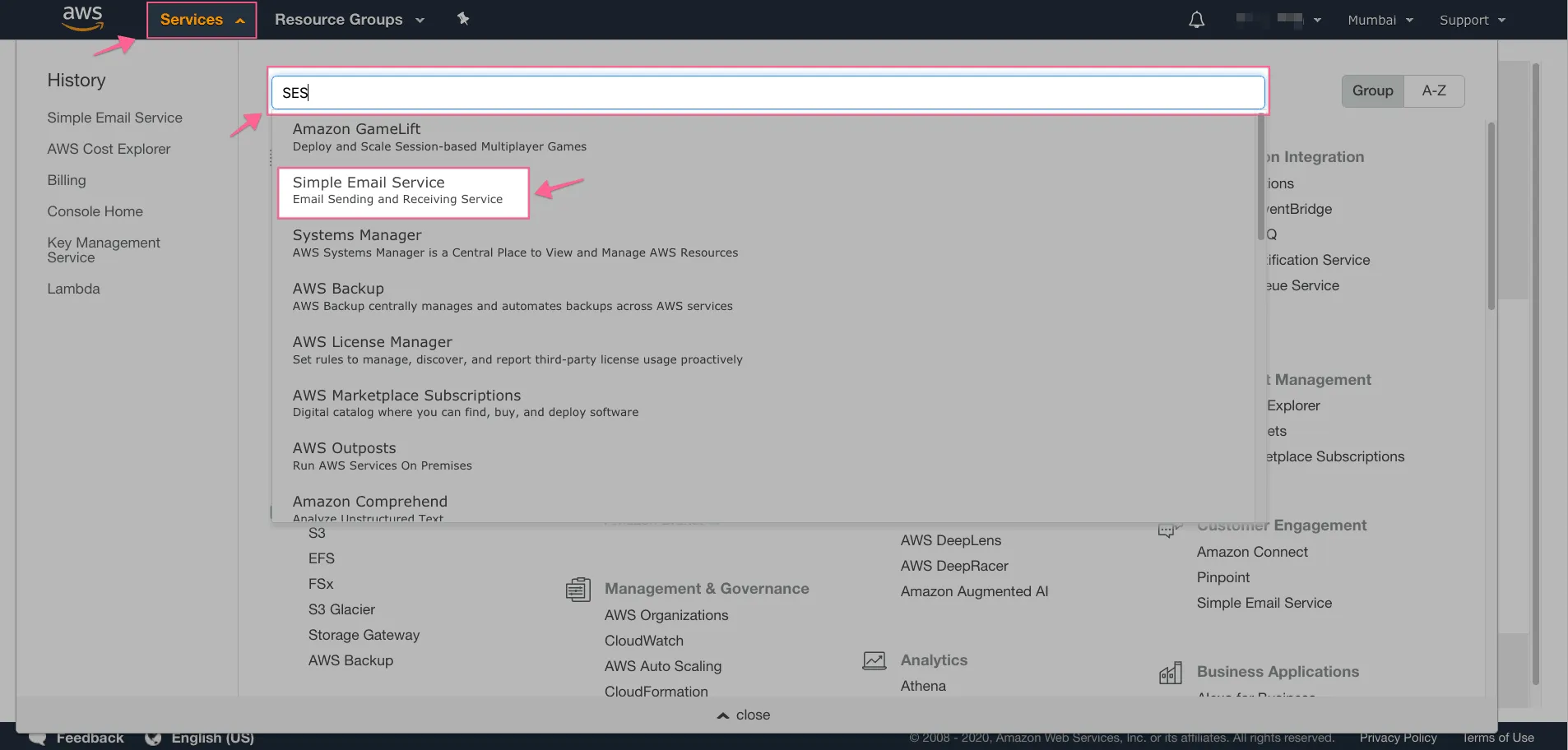 Tìm dịch vụ Simple Email Service trong AWS Console