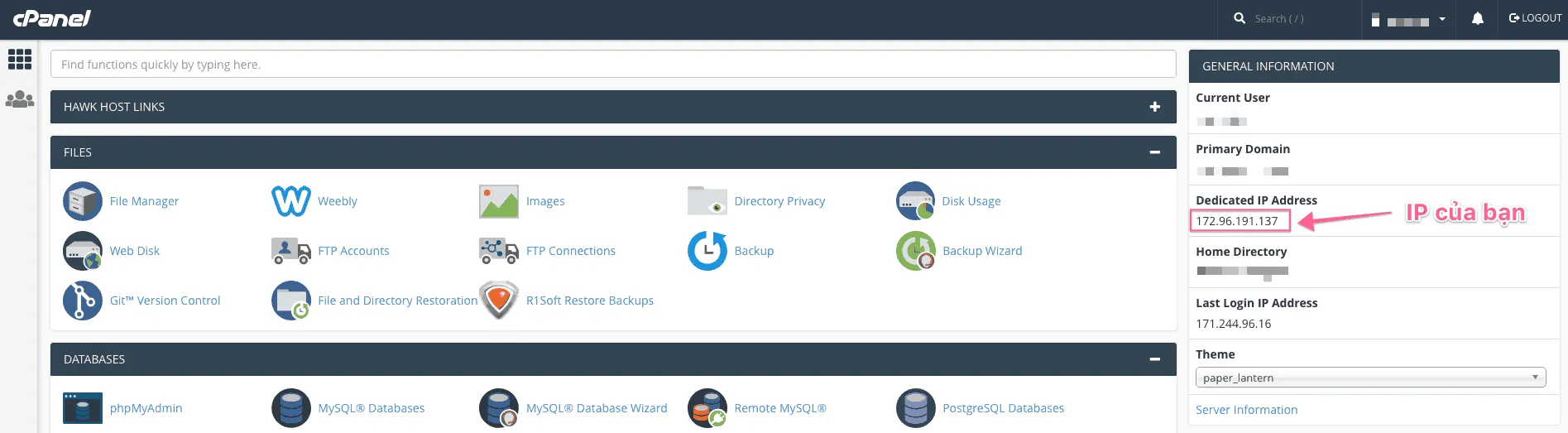 Địa chỉ IP của hosting hiển thị trong cPanel