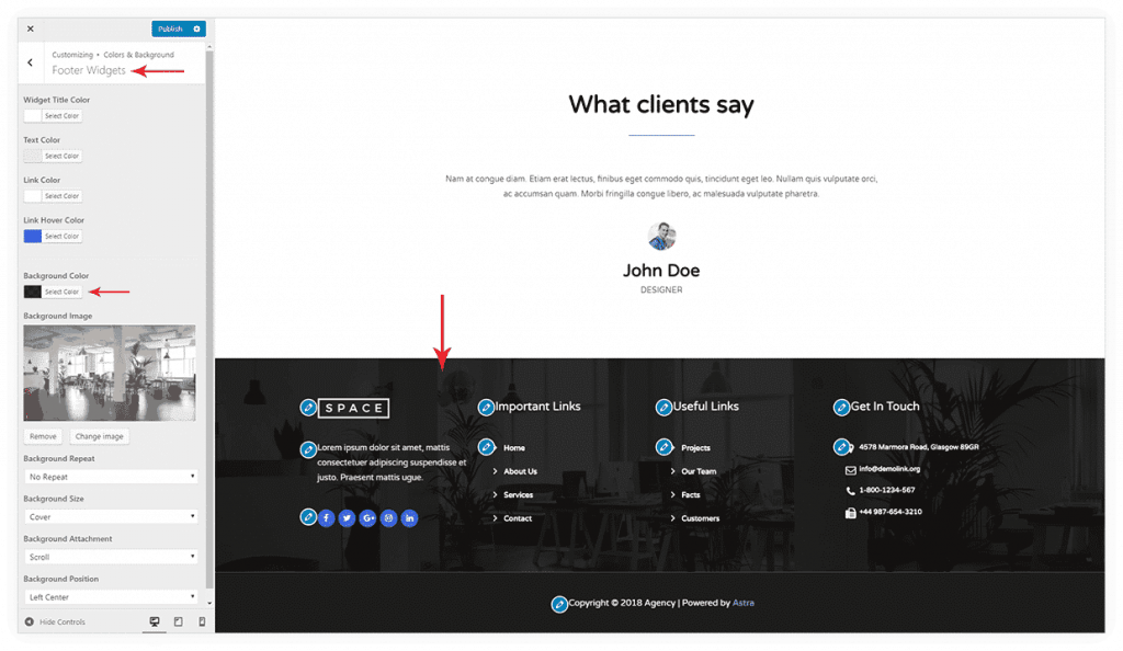 Footer Astra với font