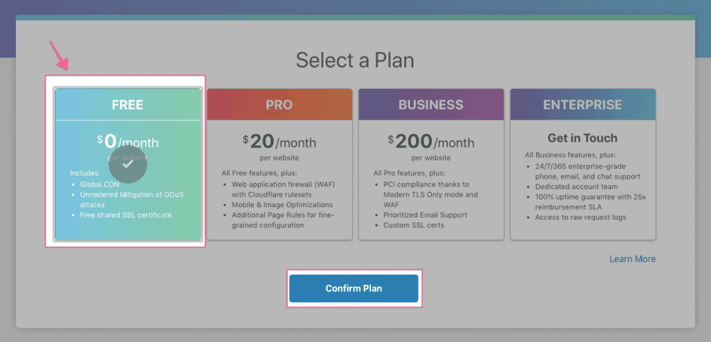 Chọn gói free Cloudflare