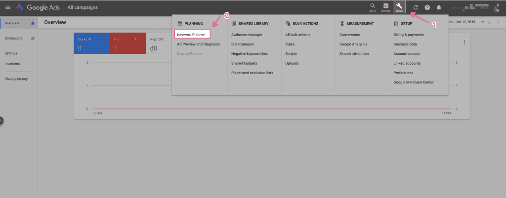 Chọn google keyword planner