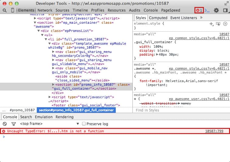 Inspector javascript error