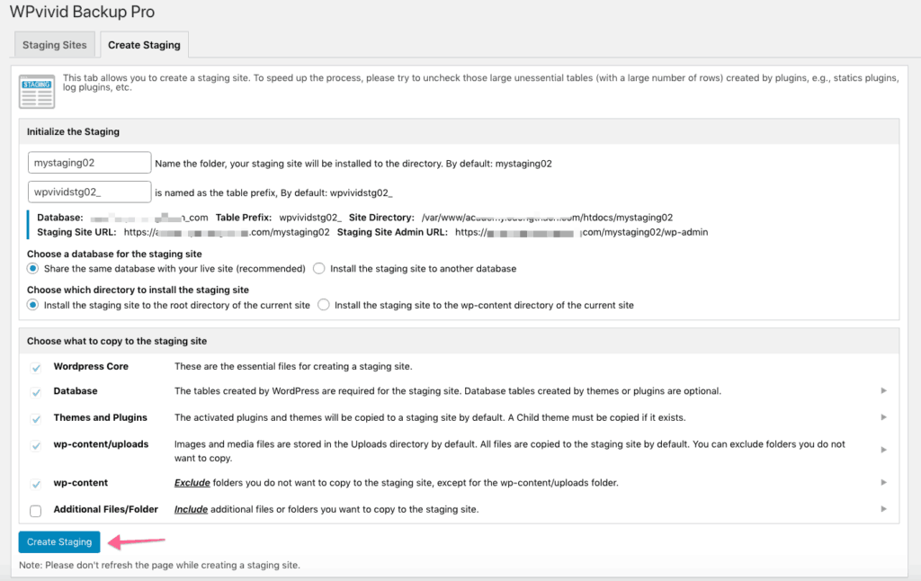 One Click Staging Site Trong Wpvivid Pro